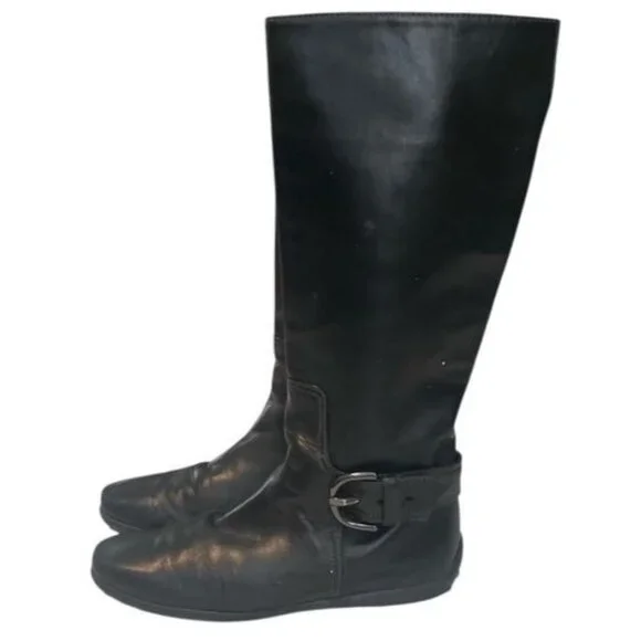 Vintage Tod’s Black Leather Winter Boots Knee High Italy Box M Buck Women sz 9 - Picture 2 of 10